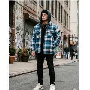 Wrangler y2k Mens Blue 90's Plaid Hooded Streetwear Flannel Modern Shacket Large